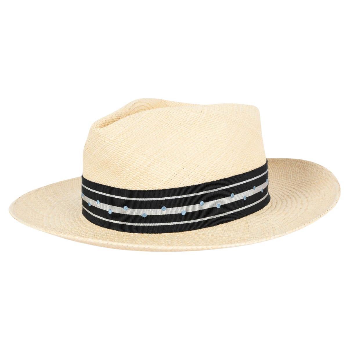 HERMÈS, chapeau FEDORA en tricot de paille beige, taille 58