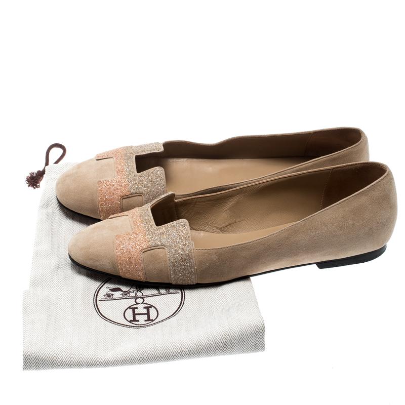 Hermes Beige Suede And Crystal Powder Nice Ballet Flats Size 38 1