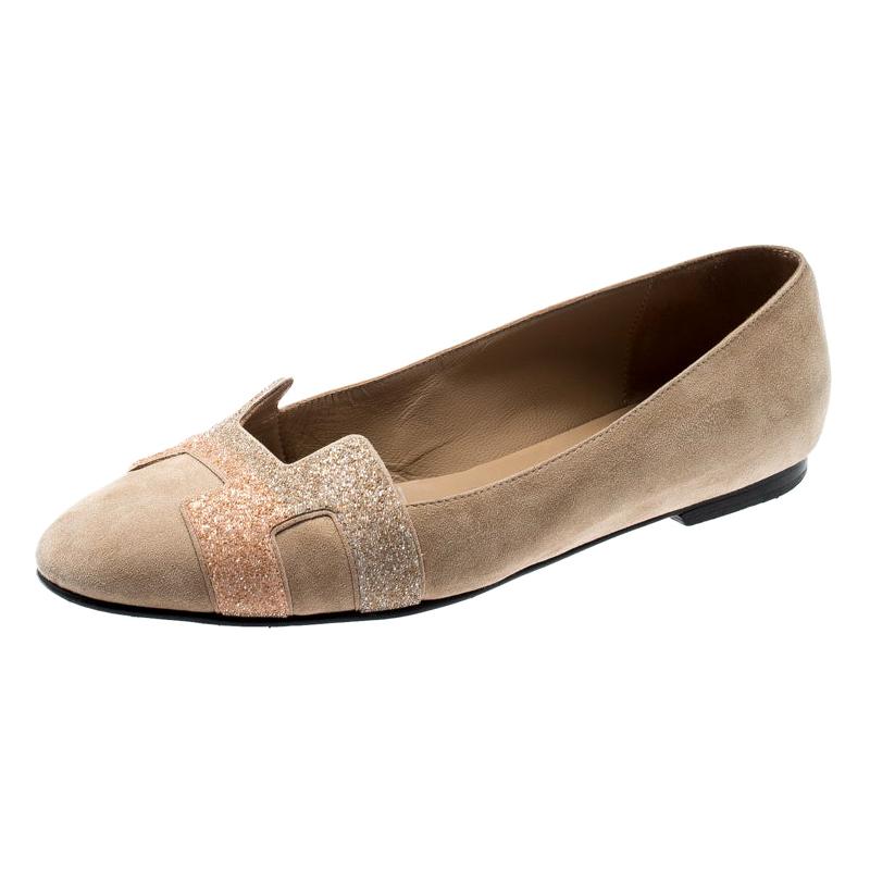 Hermes Beige Suede And Crystal Powder Nice Ballet Flats Size 38