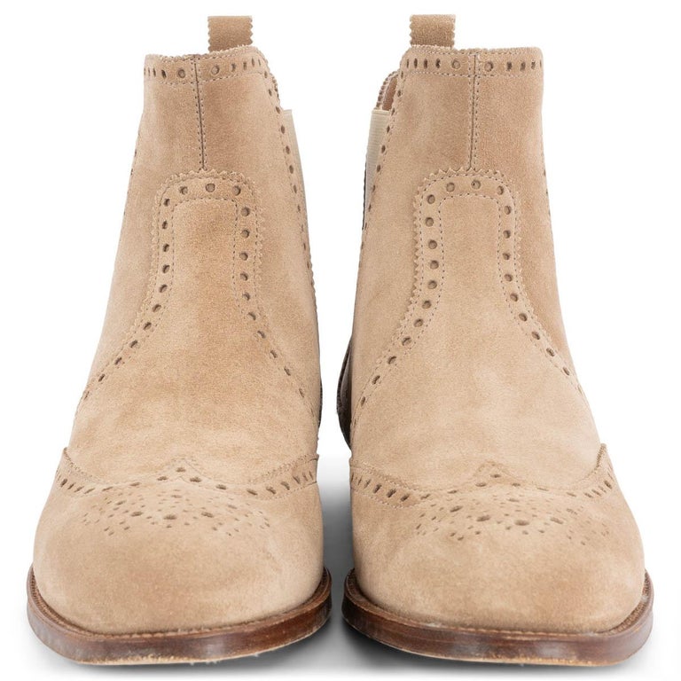 HERMES beige suede BRIGHTON BROGUE CHELSEA Ankle Boots Shoes 
