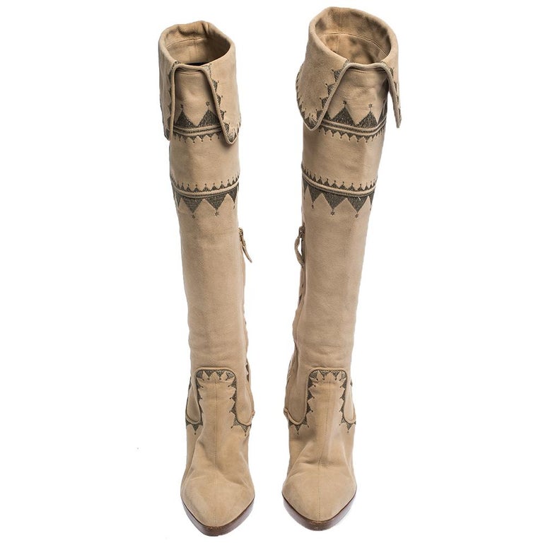 Hermes Beige Suede Embroidery Detail Knee High Boots Size 38 At 1stdibs Knee High Embroidered Boots Beige Suede Boots Knee High