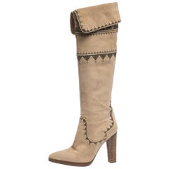 Hermes Beige Suede Embroidery Detail Knee High Boots Size 38