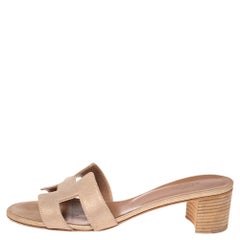 Hermes Beige Suede Oasis Block Heel Slide Sandals Size 37
