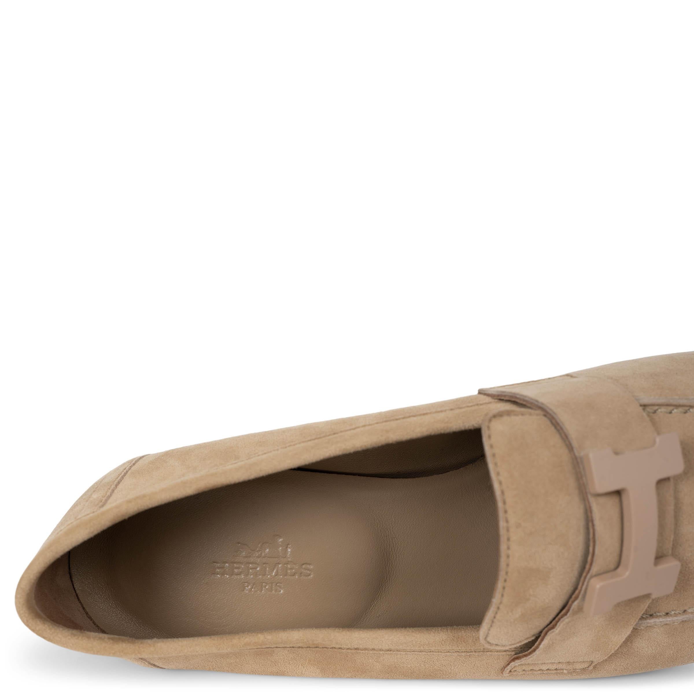 HERMES beige suede PARIS Loafers Flats Shoes 37.5 For Sale 2