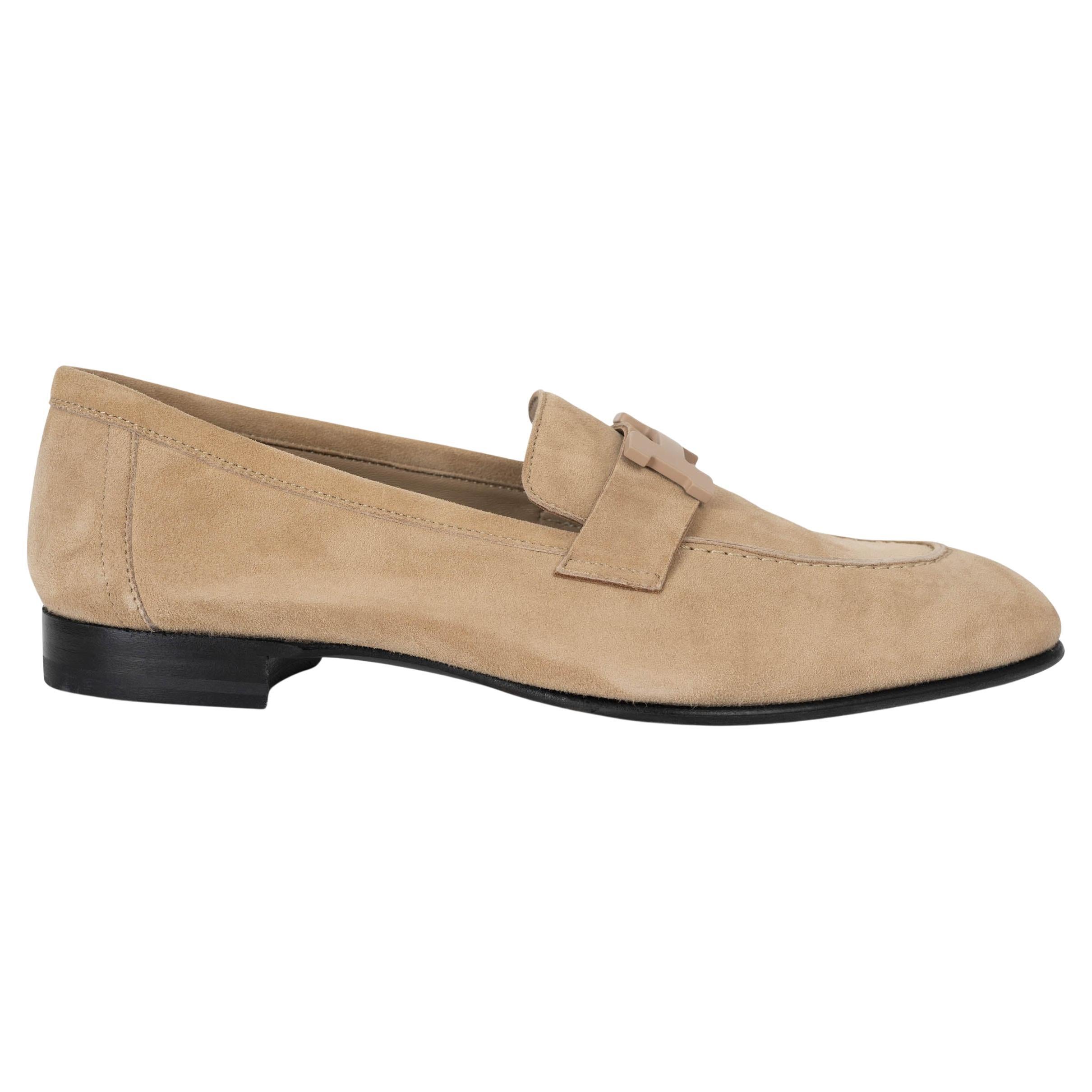 HERMES beige suede PARIS Loafers Flats Shoes 37.5 For Sale