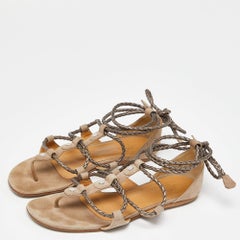 Hermes Beige Suede Thong Strappy Flat Slides Size 38