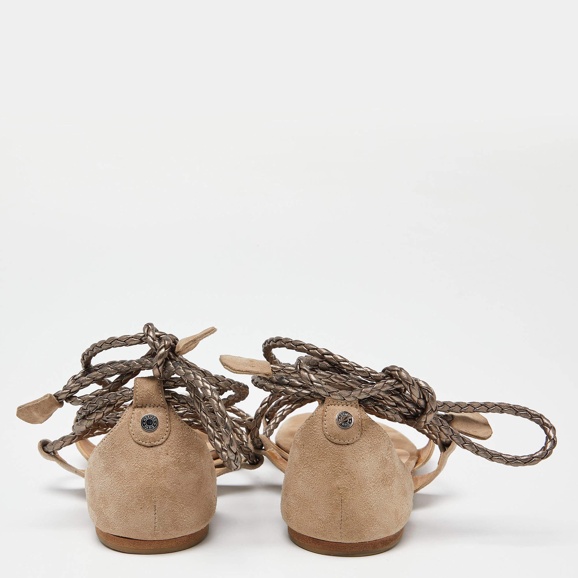 Hermes Beige Suede Thong Strappy Flat Slides Size 38 1