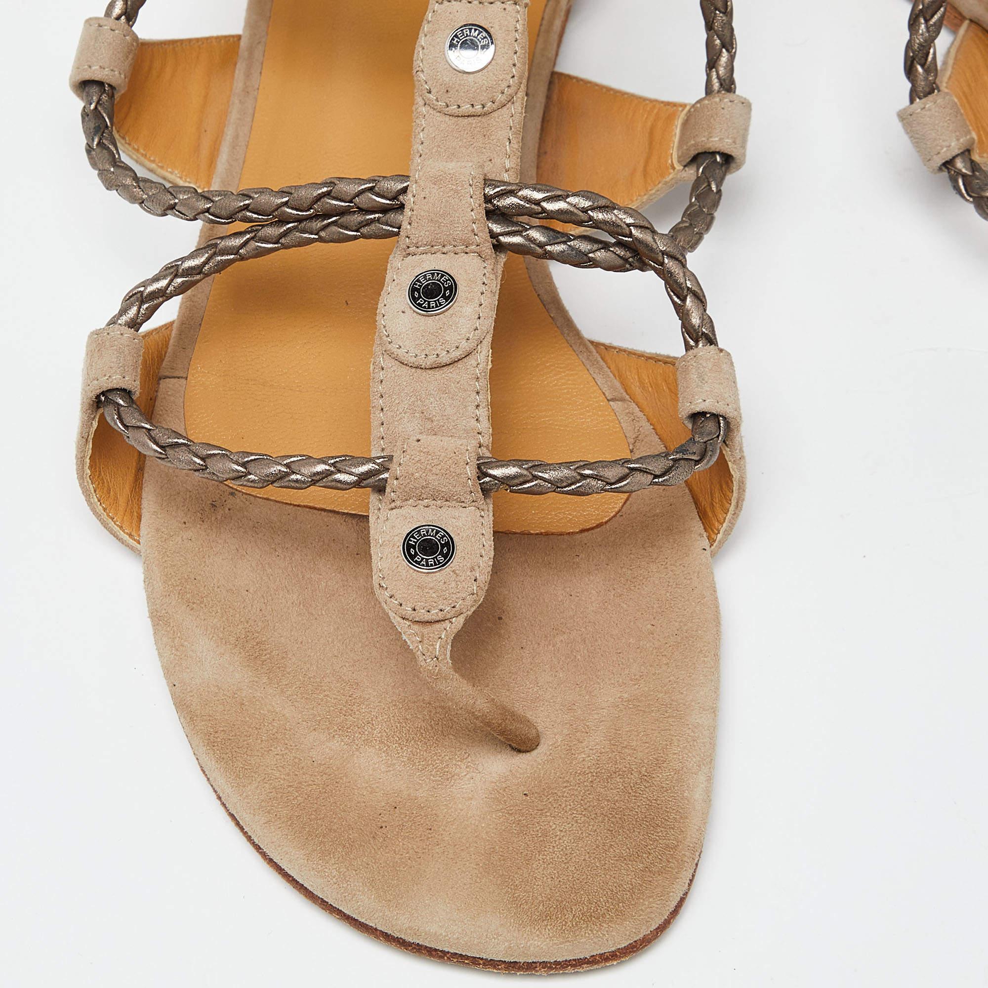 Hermes Beige Suede Thong Strappy Flat Slides Size 38 3