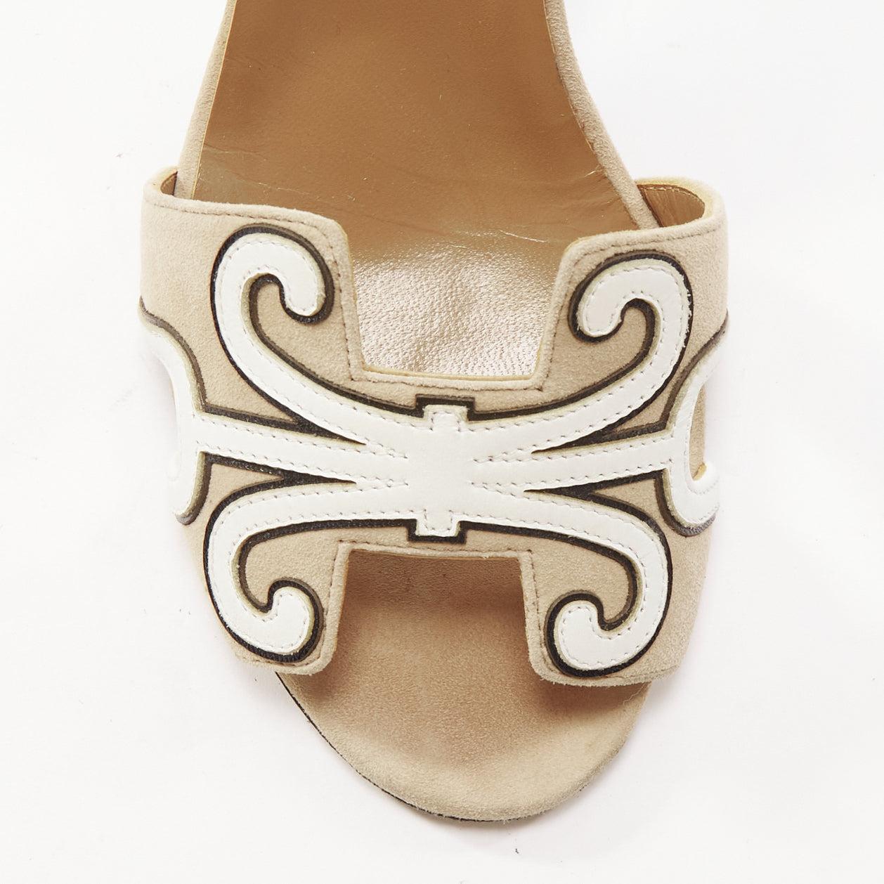 HERMES beige white suede ethnic cursive panels ankle sandals EU35.5 1