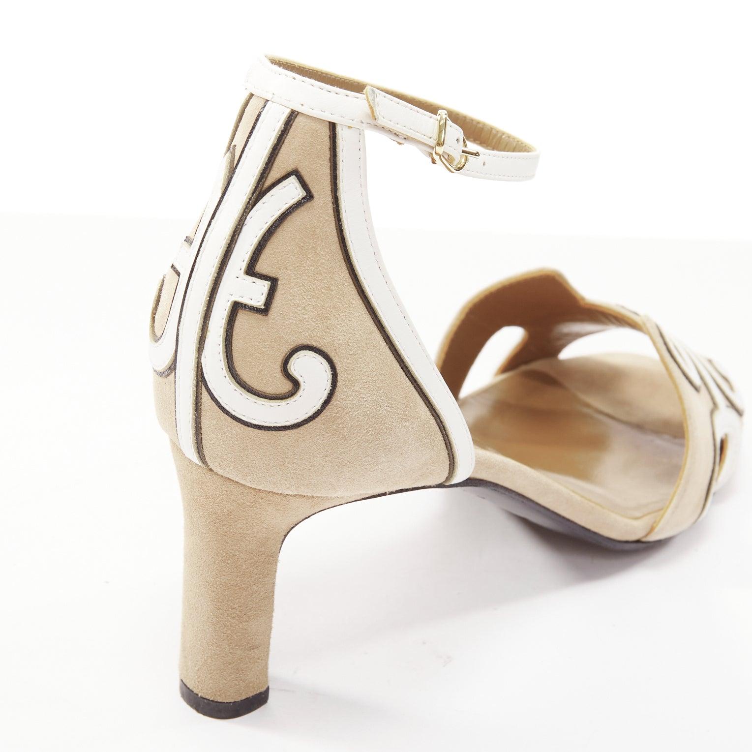HERMES beige white suede ethnic cursive panels ankle sandals EU35.5 3