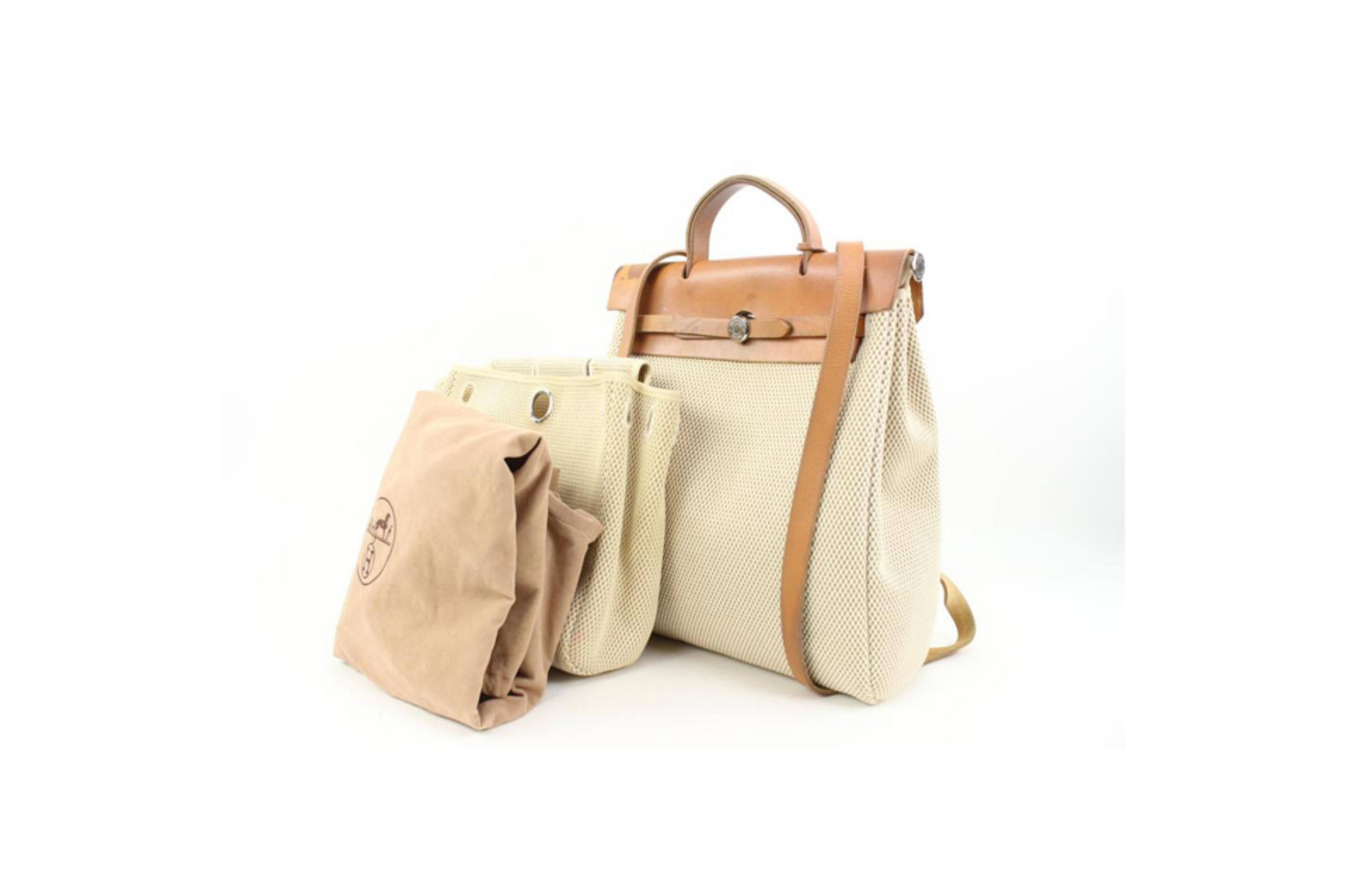 Hermès Beige x Brown Toile Sac a Doc Herbag Backpack 2-in-1 Set 26h131s In Good Condition For Sale In Dix hills, NY