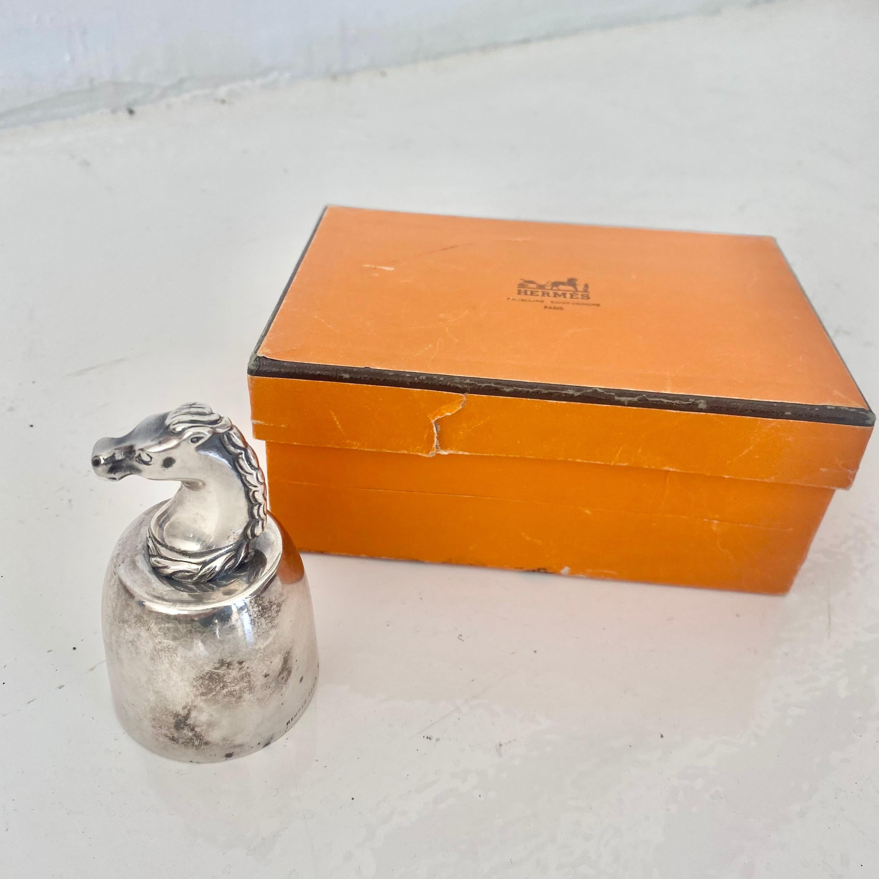 Beautiful vintage Hermès equestrian bell. Hermès Paris and made in France stamped on outer rim. Beautiful accent piece to elevate any nightstand, desk or side table. Great piece of collectible Hermes. Comes with original box and wrapping.