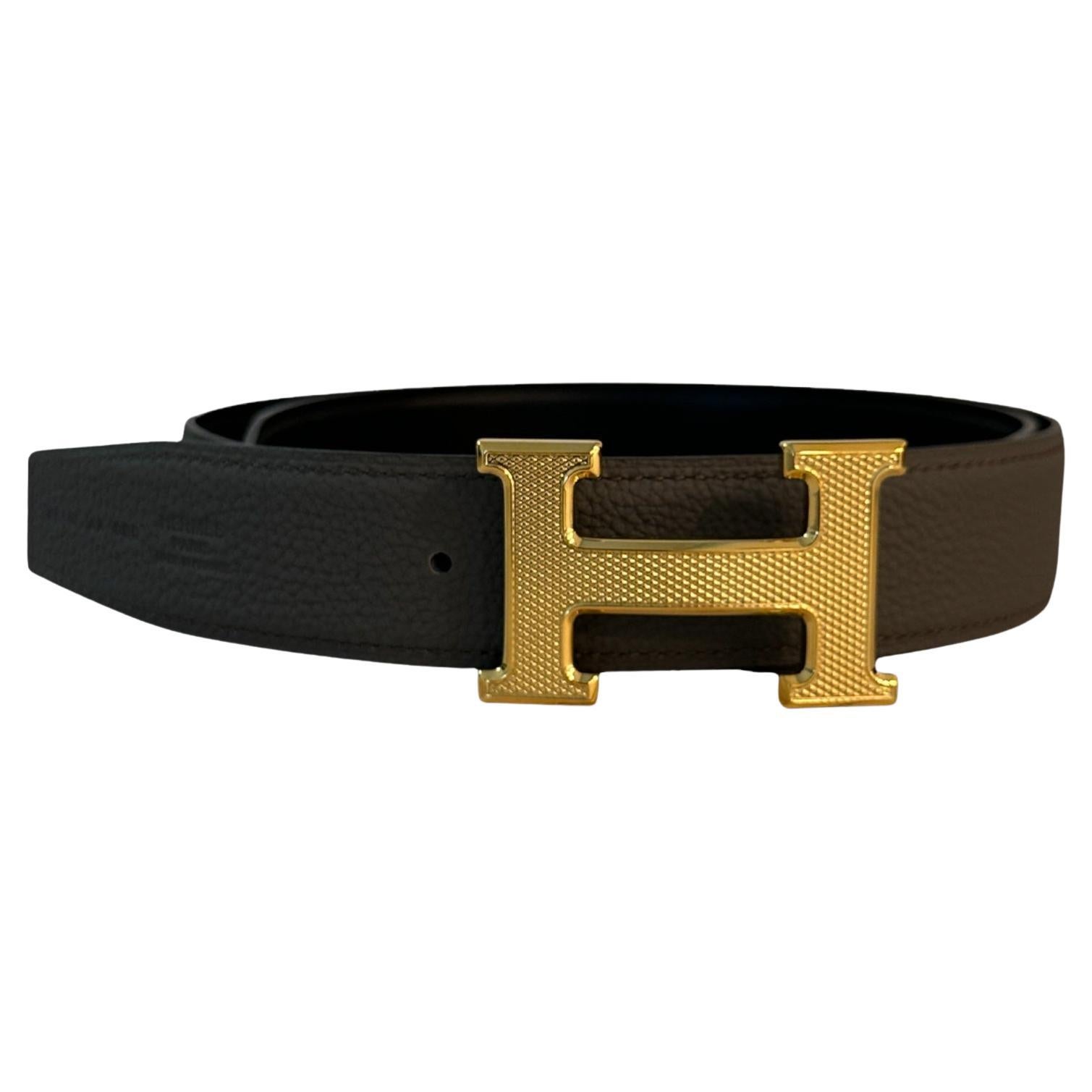 Hermes Belt 32 Black Reversible to Etain Togo Size 85 Guillochee Buckle