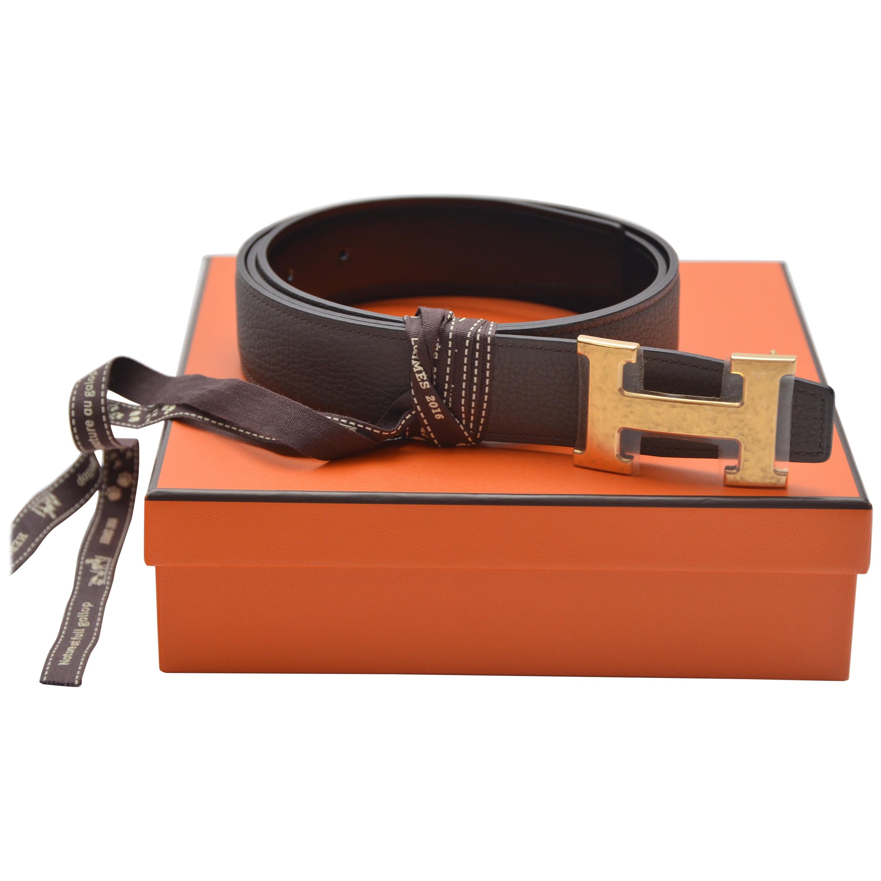 Hermes Belt 32MM Veau Togo Noir/Chocolat Buckle Guilloched NEW With Box