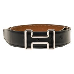 Hermès belt 37mm reverse in black and gold courchevel , Tonight buckle in silver