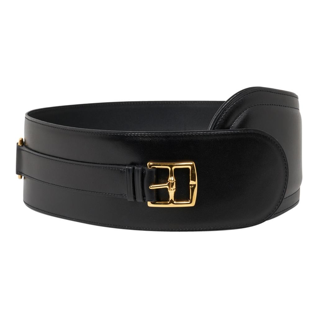 Women's Hermes Belt Clou de Selle Black High Waist Box Leather Gold Hardware 75  For Sale