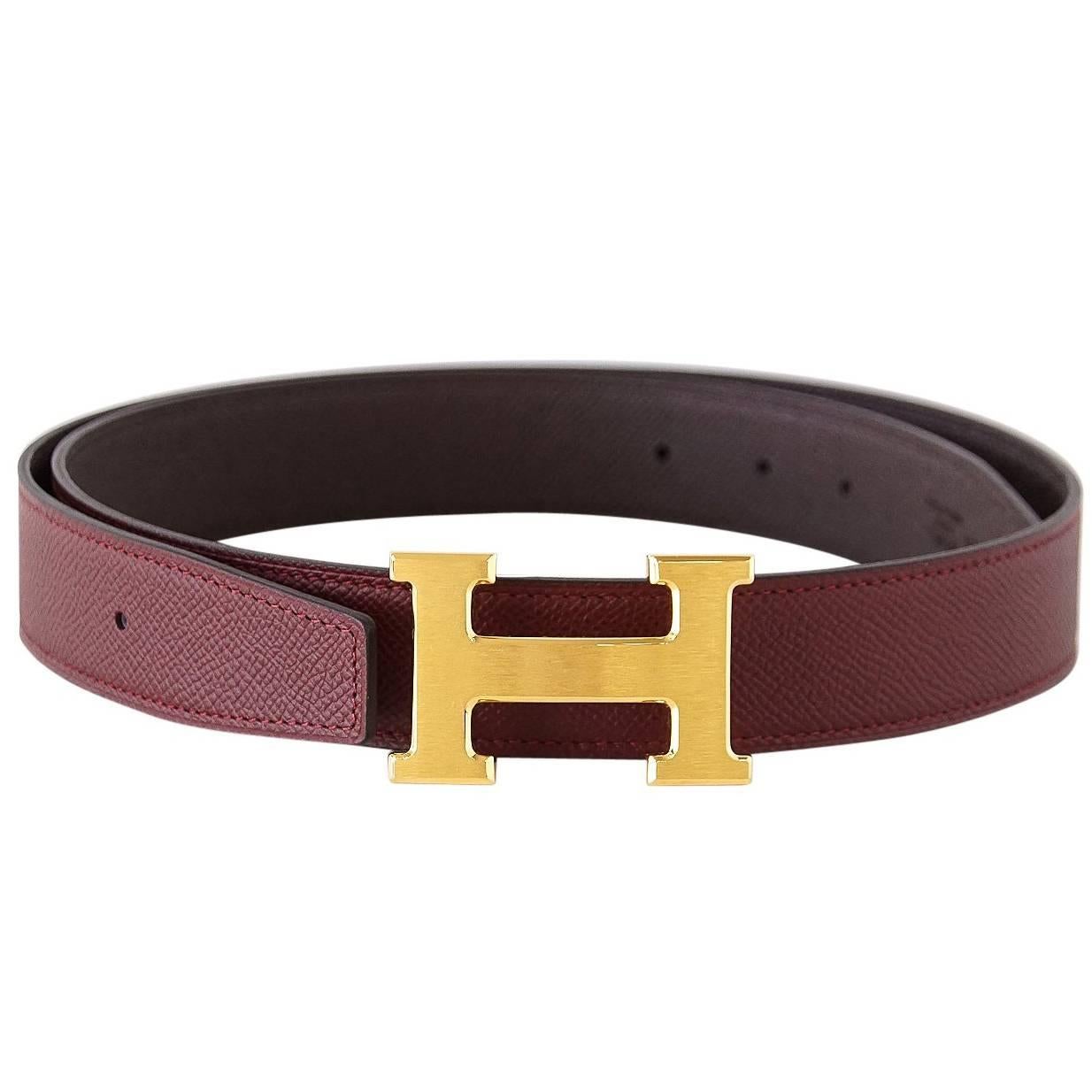 Hermes Belt H Constance 32 Rouge H / Chocolate Reversible Brushed Gold Buckle 85