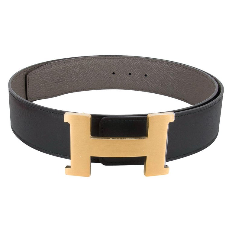 Hermes Belt H Constance 42mm Reversible Etain / Black Brushed Gold Buckle 90 In New Condition For Sale In Miami, FL