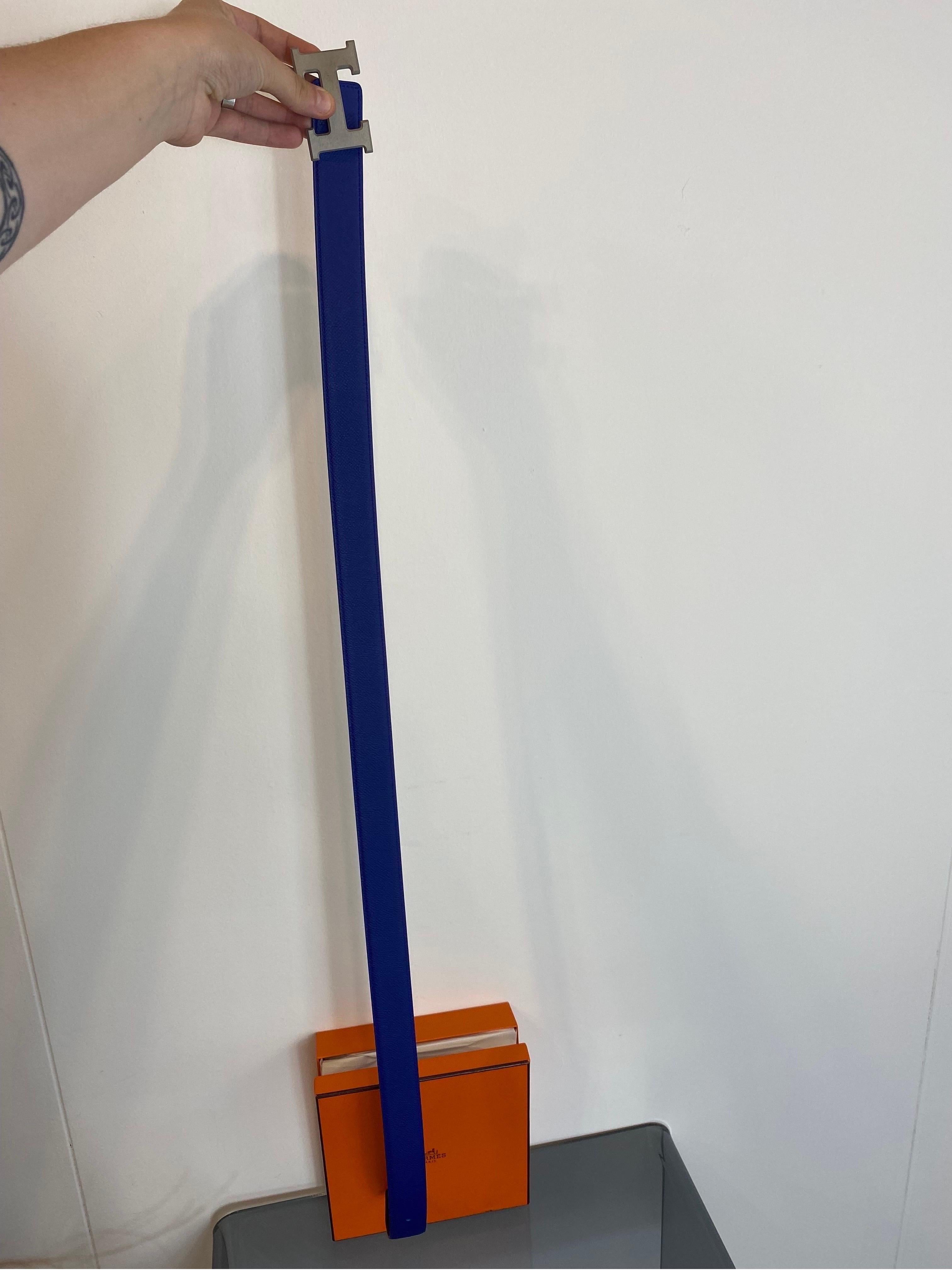 Orange Hermès belt in blue leather with silver buckle For Sale