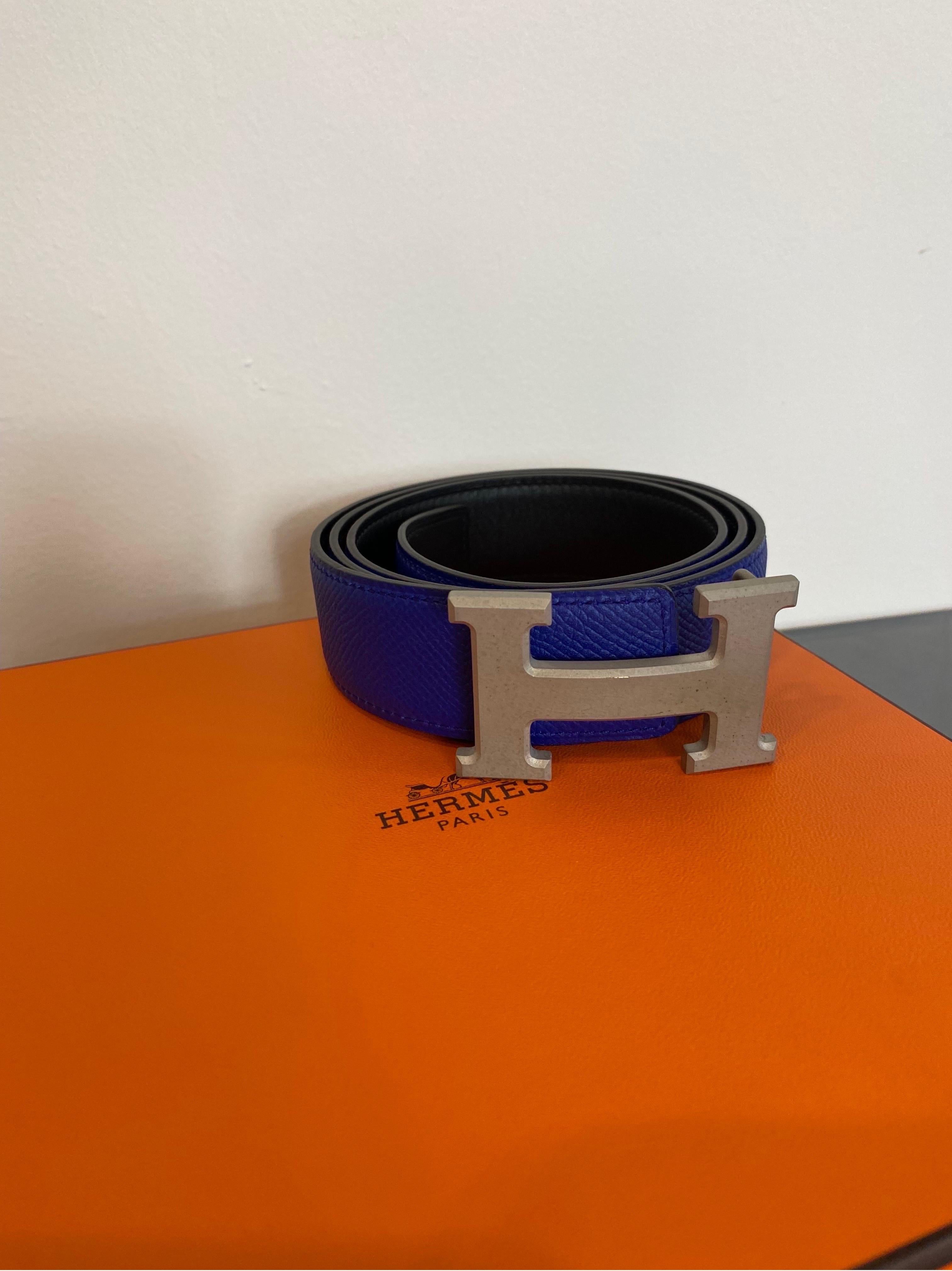 Hermès belt in blue leather with silver buckle For Sale 2