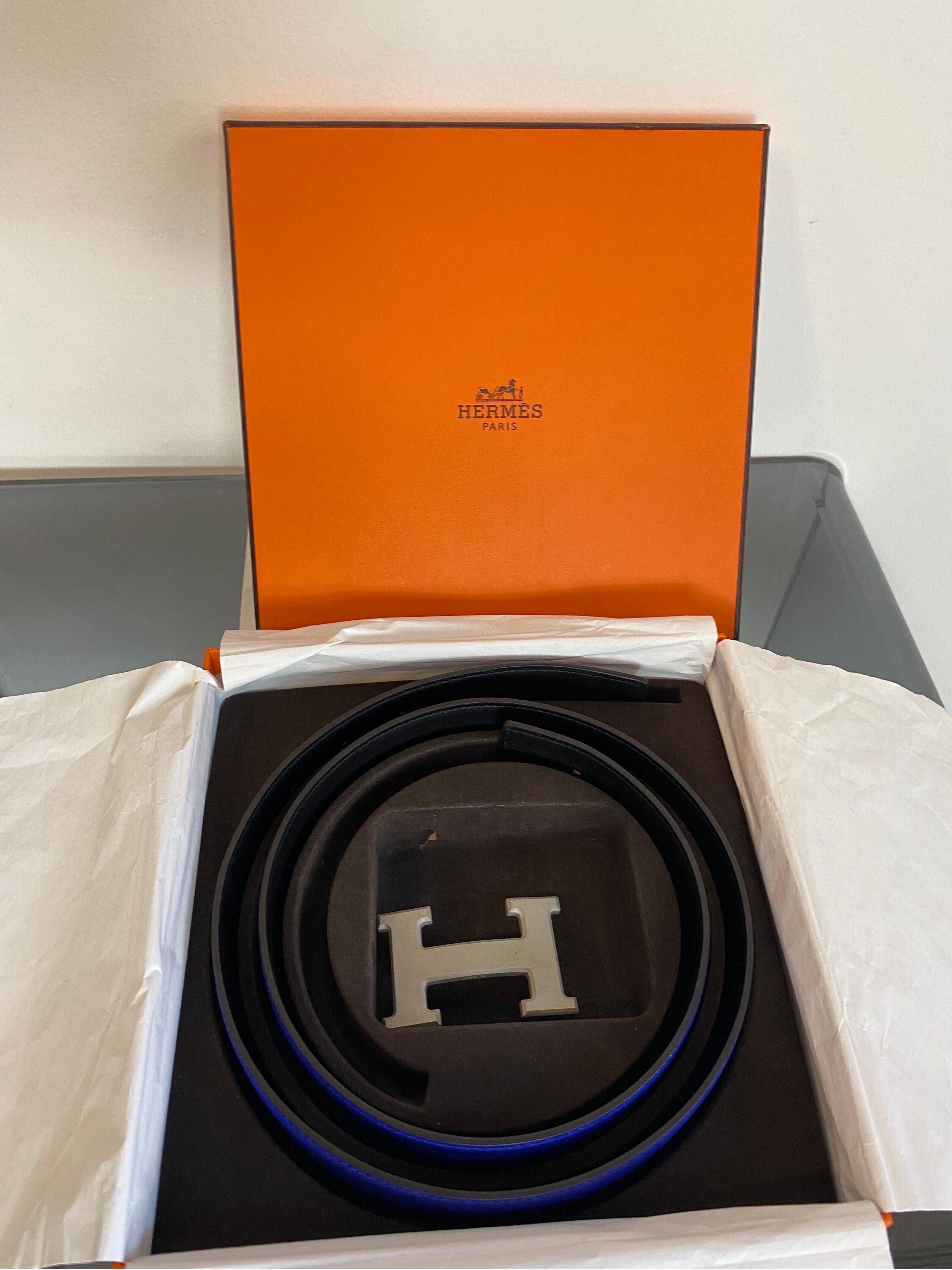 Hermès belt in blue leather with silver buckle For Sale 3