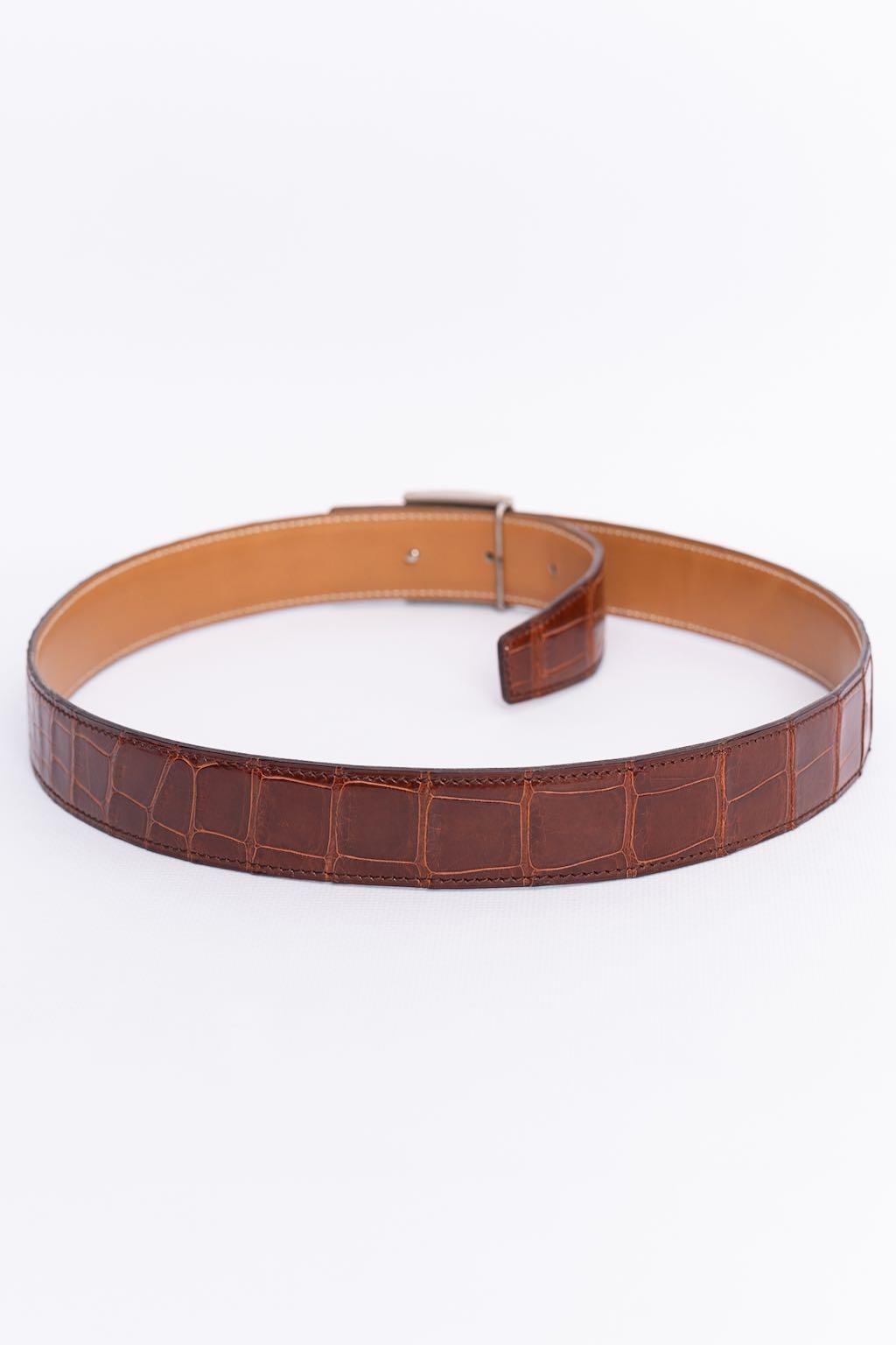 Hermes Belt in Crocodile and Brown Leather In Good Condition For Sale In SAINT-OUEN-SUR-SEINE, FR