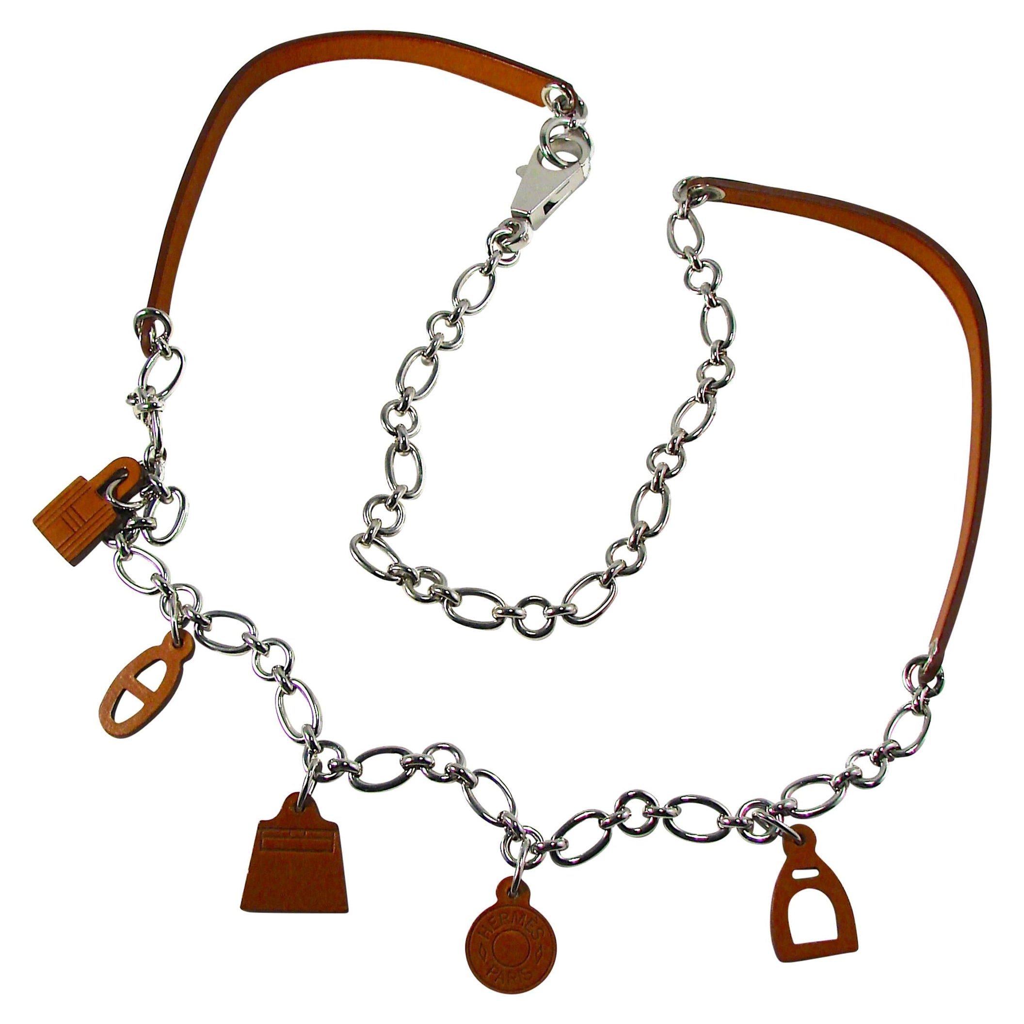 Hermes Belt or Necklace Olga Charms and Chain Barenia Leather and Palladium 2012 For Sale