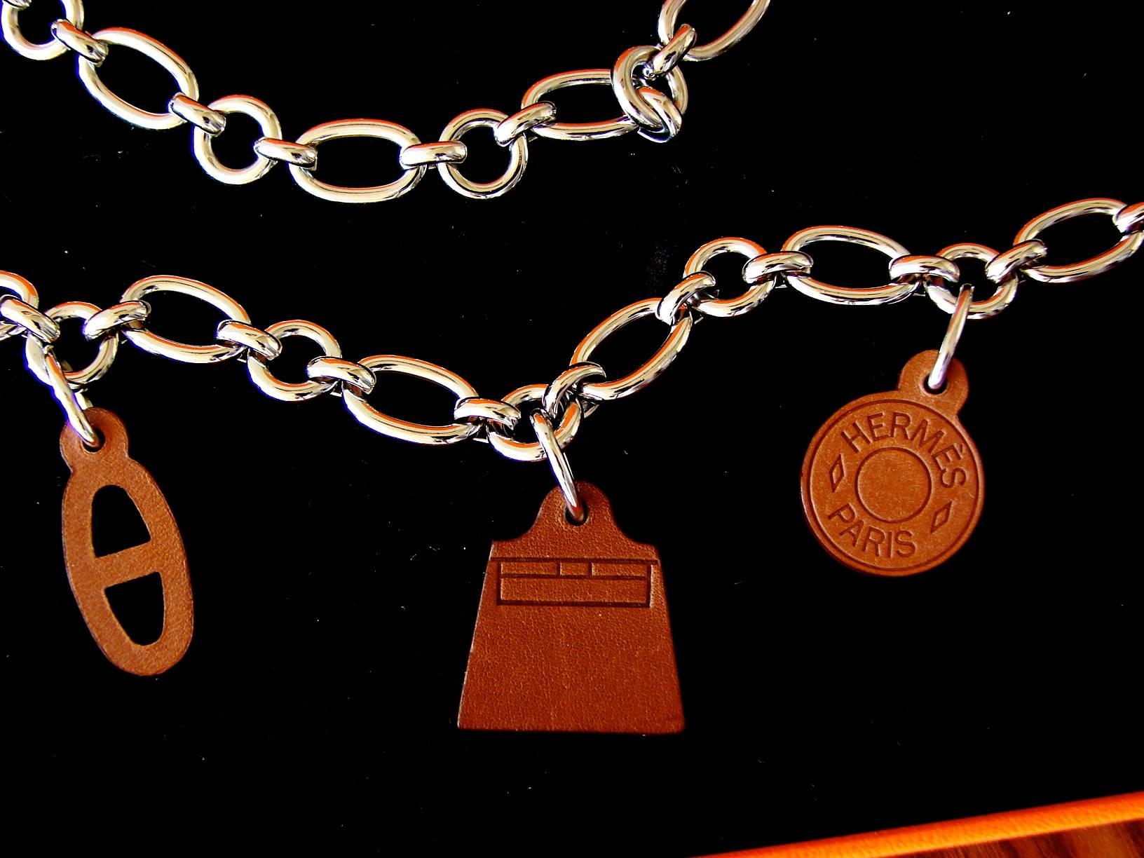 Hermes Belt or Necklace Olga Charms Chain Fauve Barenia Leather Palladium 2012 For Sale 6