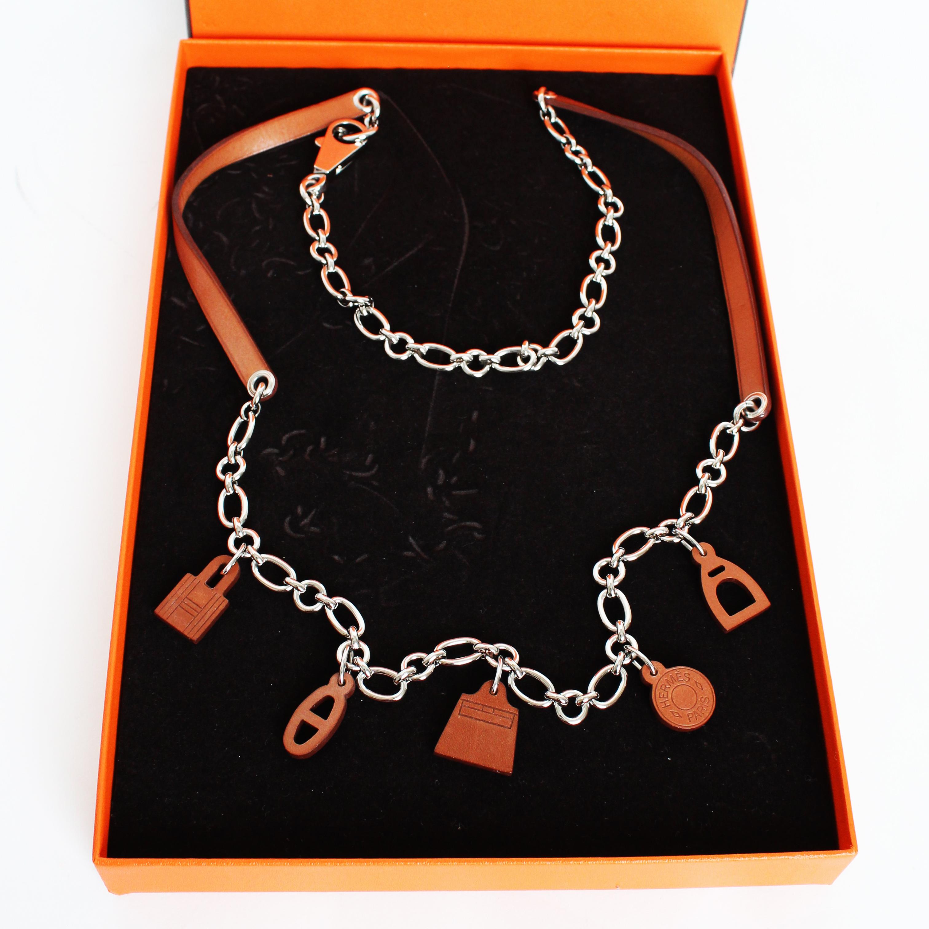 Brown Hermes Belt or Necklace Olga Charms Chain Fauve Barenia Leather Palladium 2012 For Sale