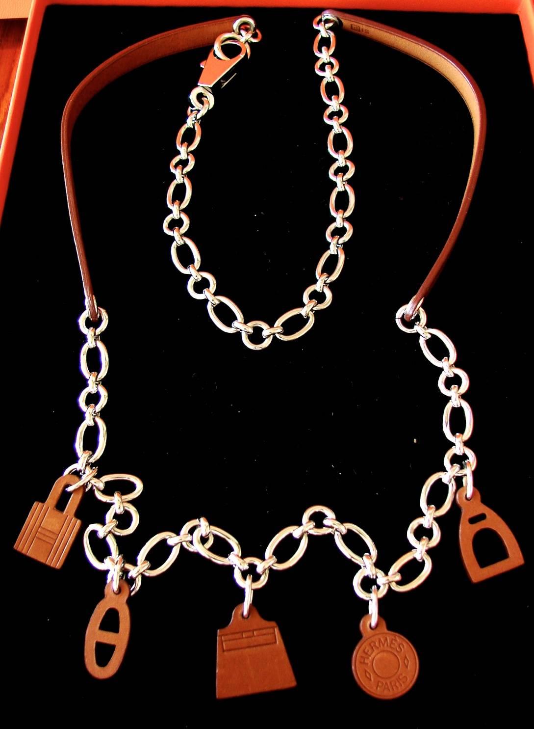 Hermes Belt or Necklace Olga Charms Chain Fauve Barenia Leather Palladium 2012 In Good Condition For Sale In Port Saint Lucie, FL