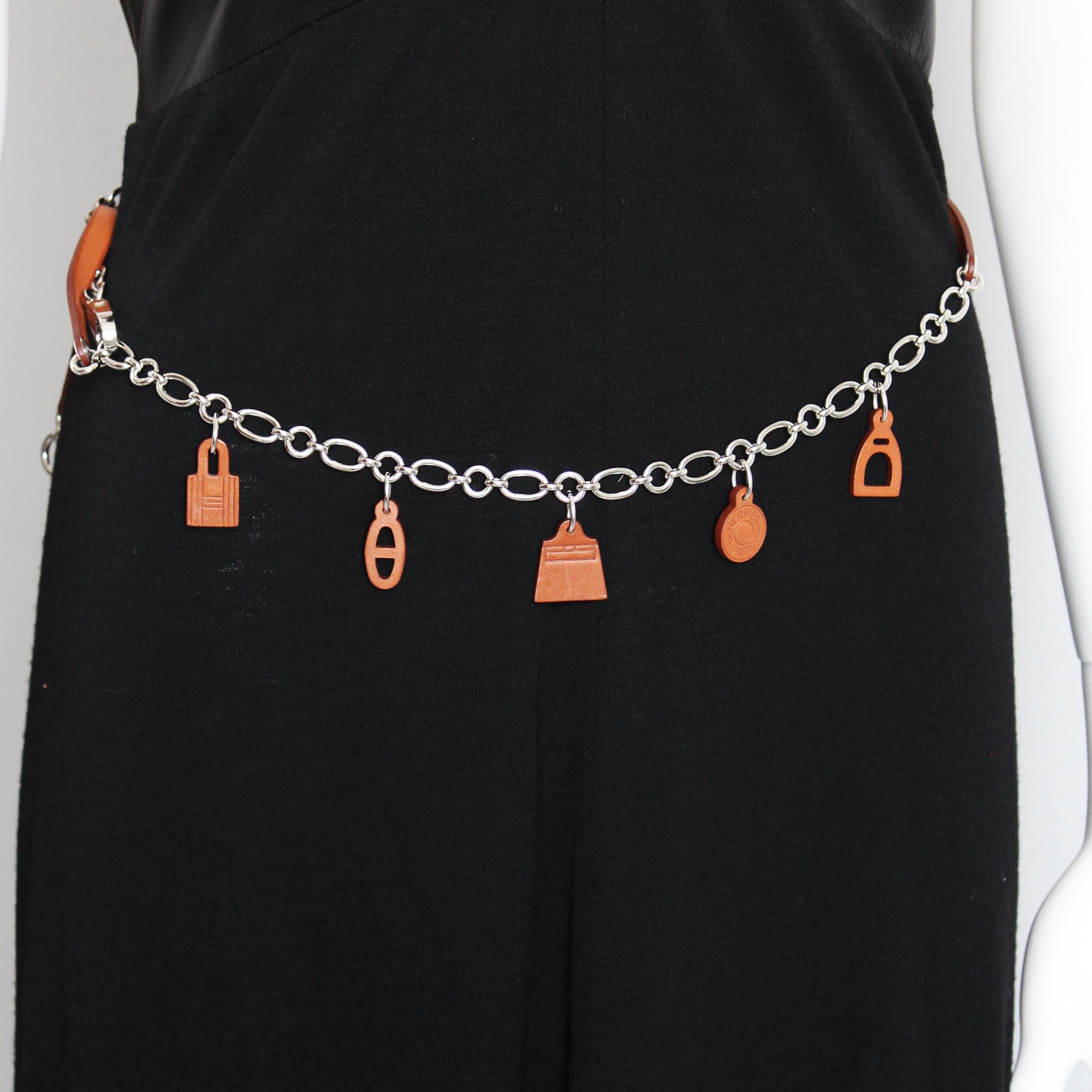 Hermes Belt or Necklace Olga Charms Chain Fauve Barenia Leather Palladium 2012 For Sale 1