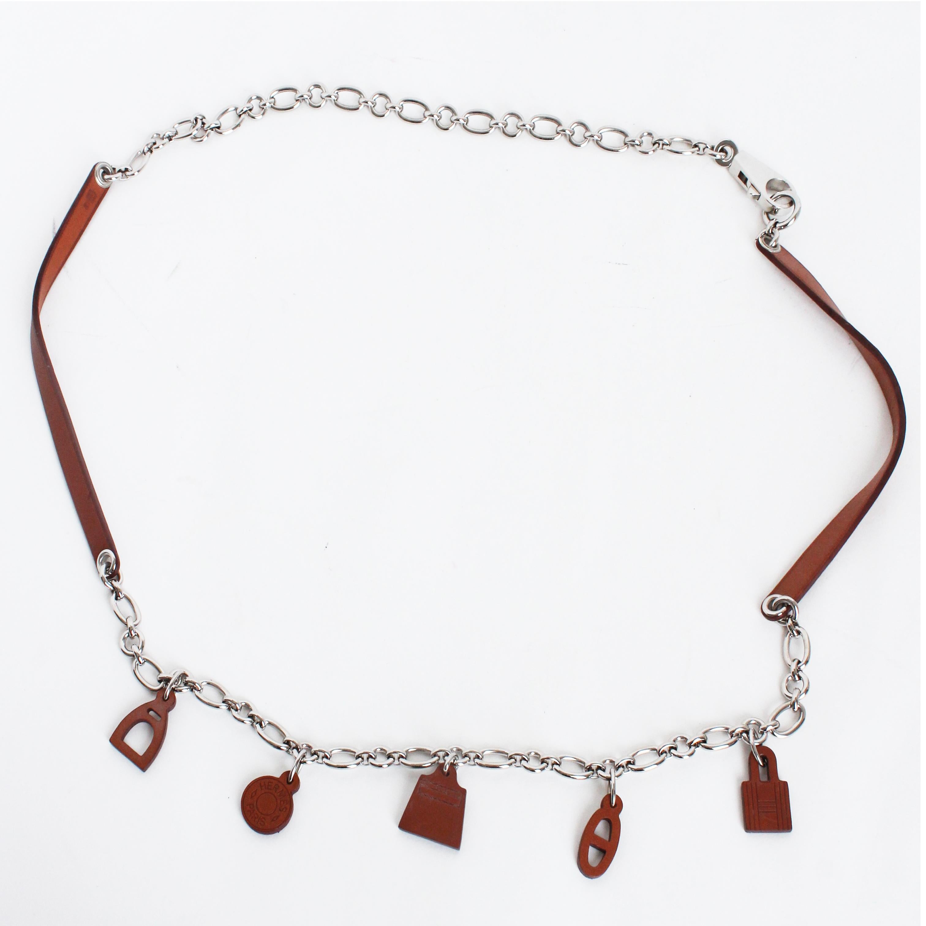 Hermes Belt or Necklace Olga Charms Chain Fauve Barenia Leather Palladium 2012 For Sale 3