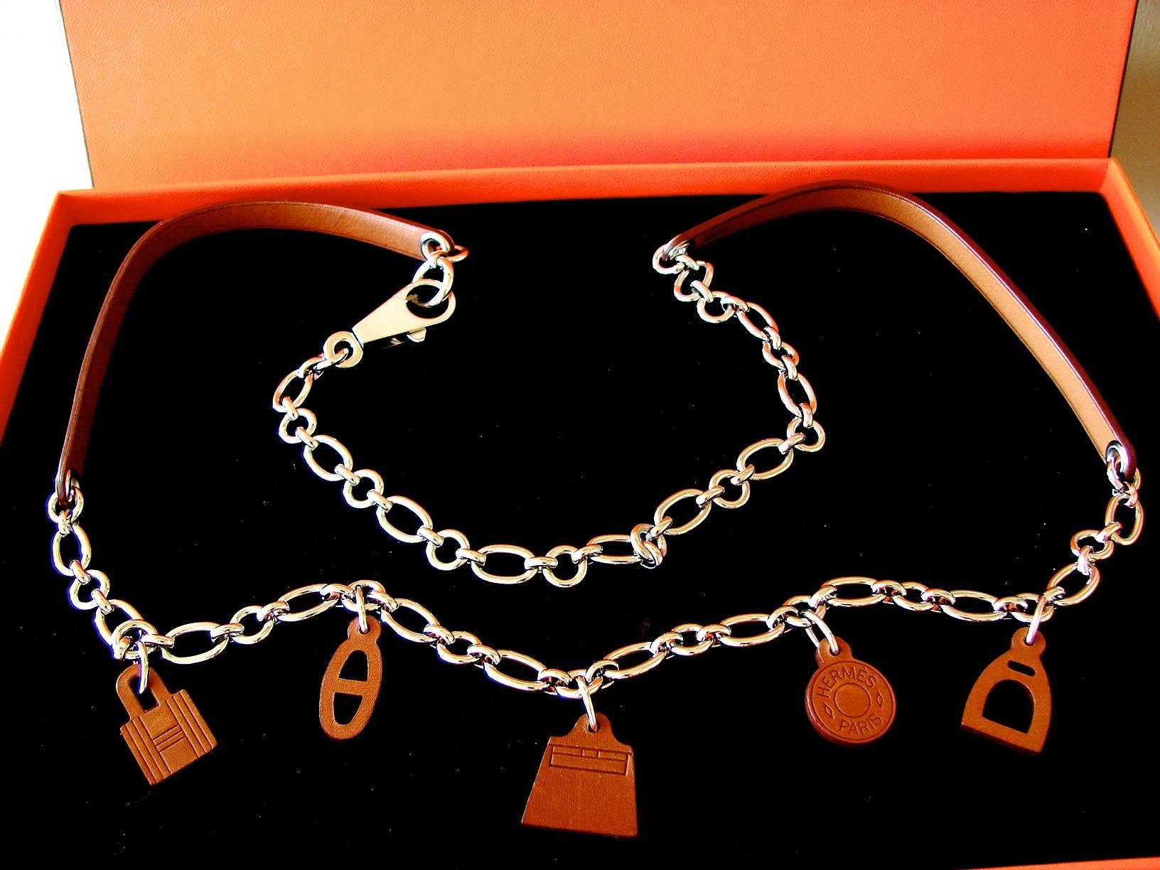 Hermes Belt or Necklace Olga Charms Chain Fauve Barenia Leather Palladium 2012 For Sale 4