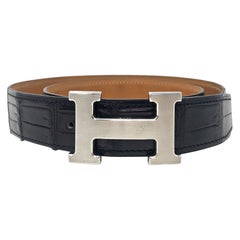 HERMES Belt Size 85FR in Glazed Black Crocodile Porosus Leather