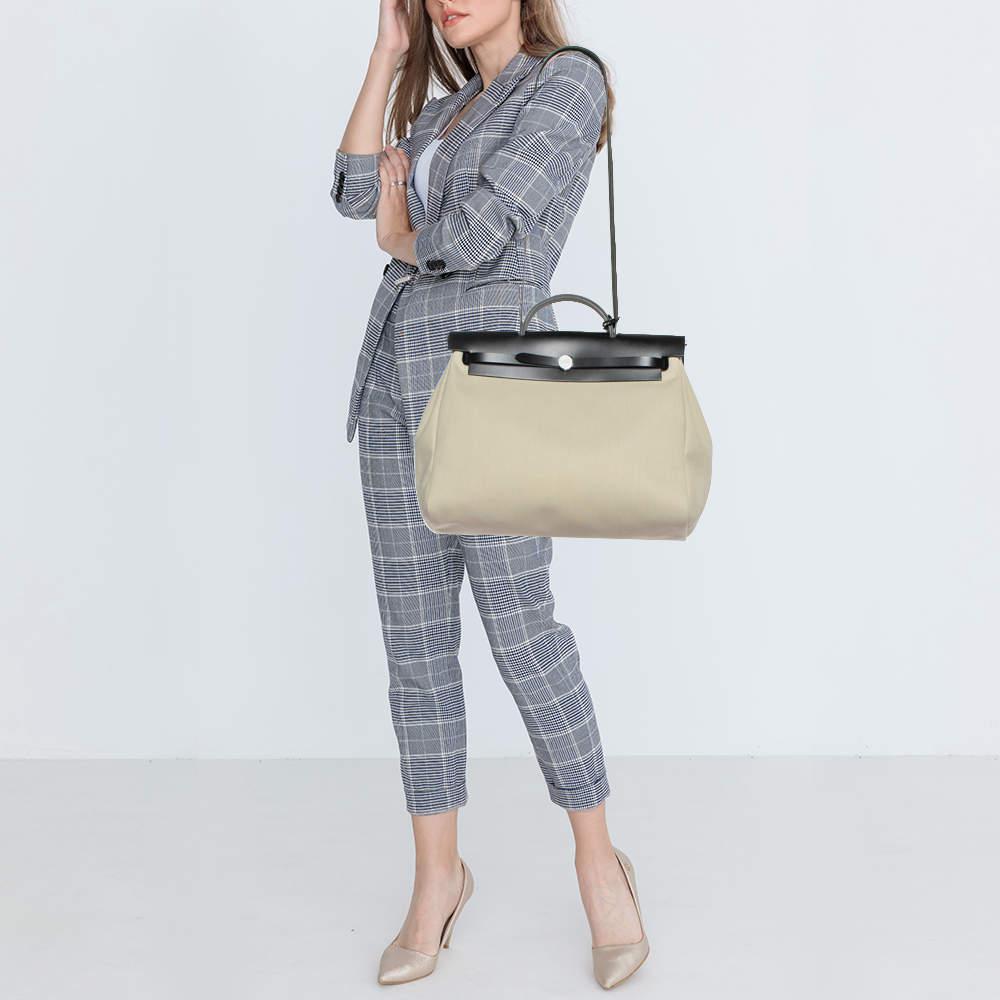 Beige Hermès Beton/Black Toile Canvas and Vache Hunter Leather Herbag Zip 39 Bag