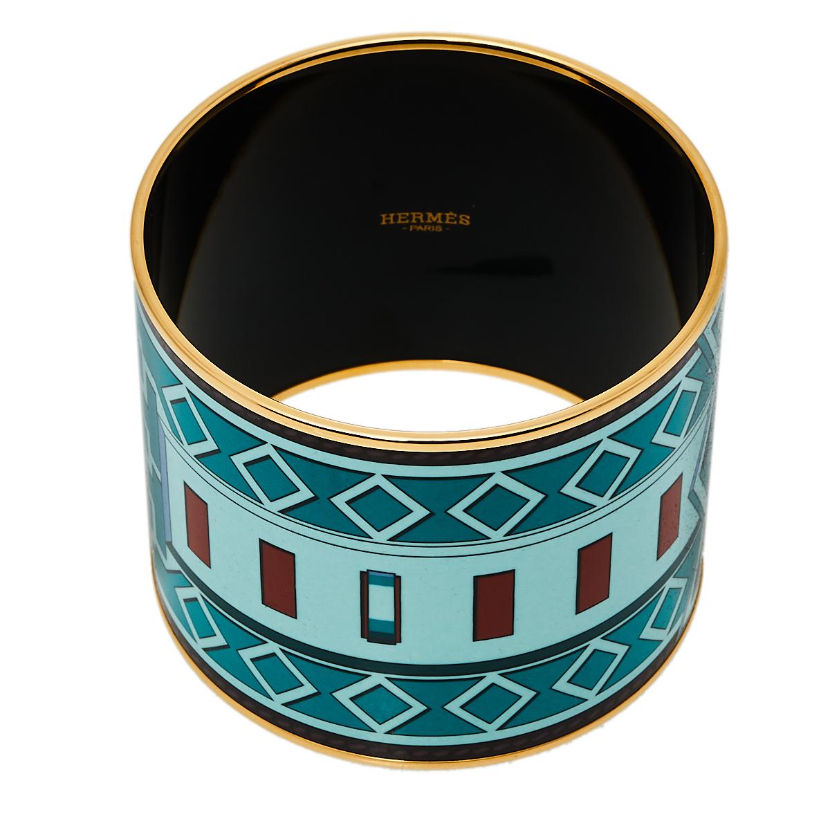 Hermès Bicolor Collier De Chien Print Enamel Mega Wide Bracelet In Good Condition In Dubai, Al Qouz 2