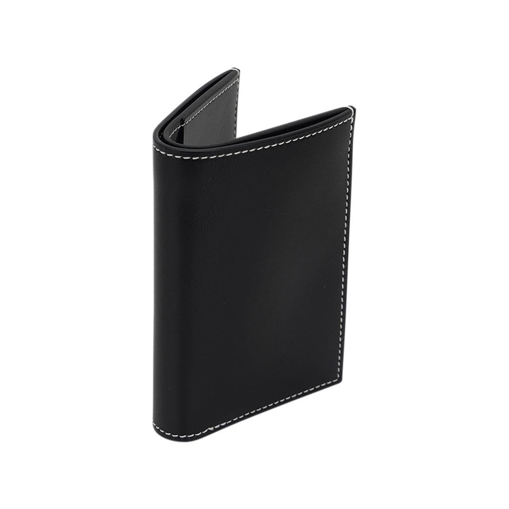Hermes Bifold and Card Holder Wallet Black Leather White Topstitch In New Condition For Sale In Miami, FL