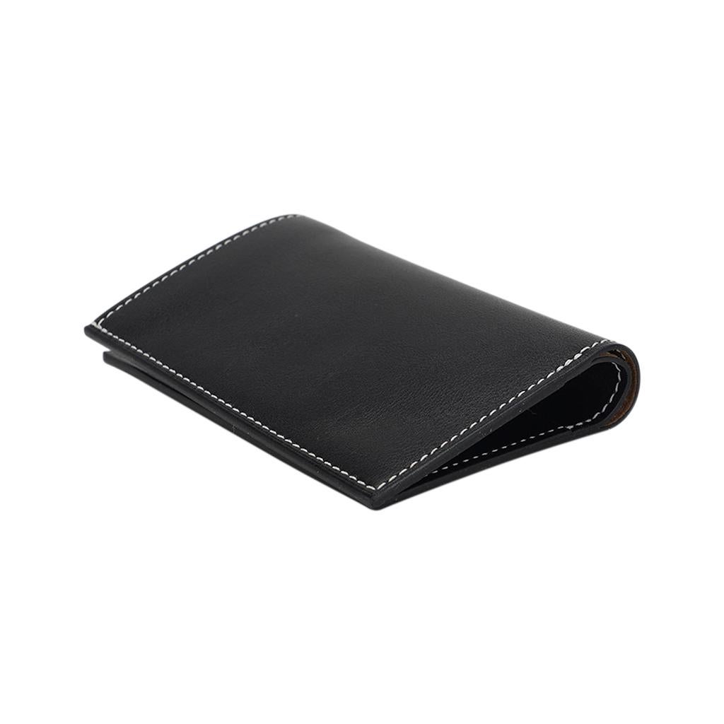 Men's Hermes Bifold and Card Holder Wallet Black Leather White Topstitch For Sale