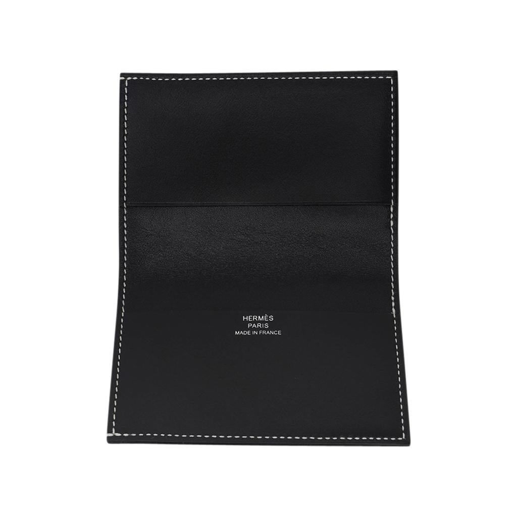 Hermes Bifold and Card Holder Wallet Black Leather White Topstitch For Sale 1