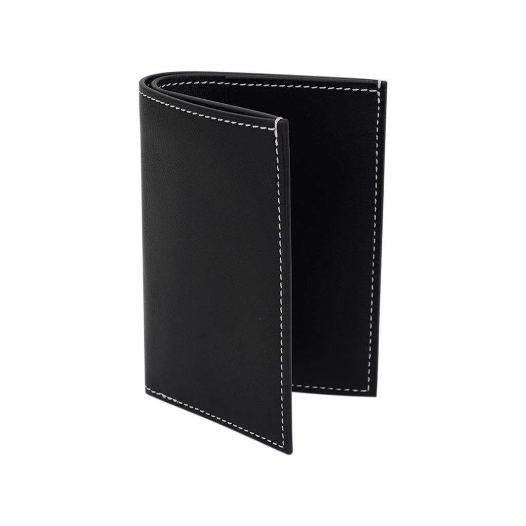 Hermes Bifold and Card Holder Wallet Black Leather White Topstitch For Sale 3