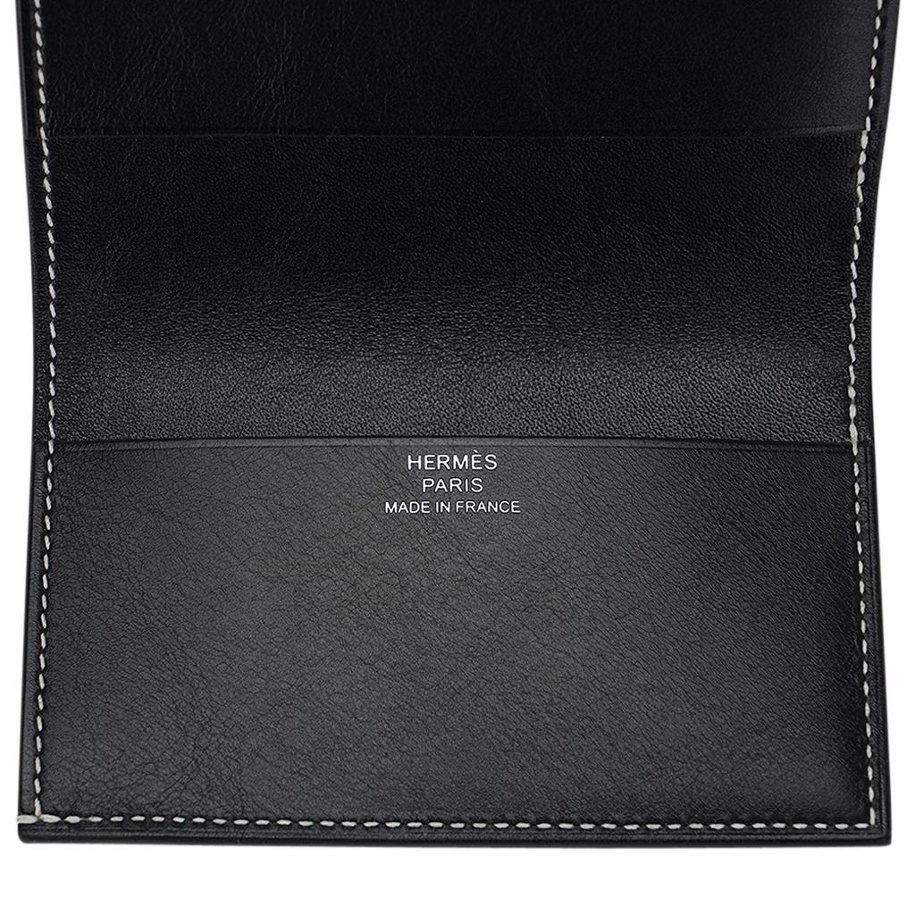 Hermes Bifold and Card Holder Wallet Black Leather White Topstitch For Sale 4