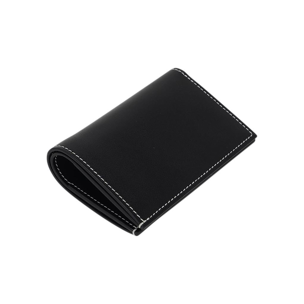 Hermes Bifold and Card Holder Wallet Black Leather White Topstitch For Sale 5