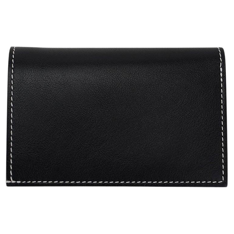 Hermes Bifold and Card Holder Wallet Black Leather White Topstitch For Sale