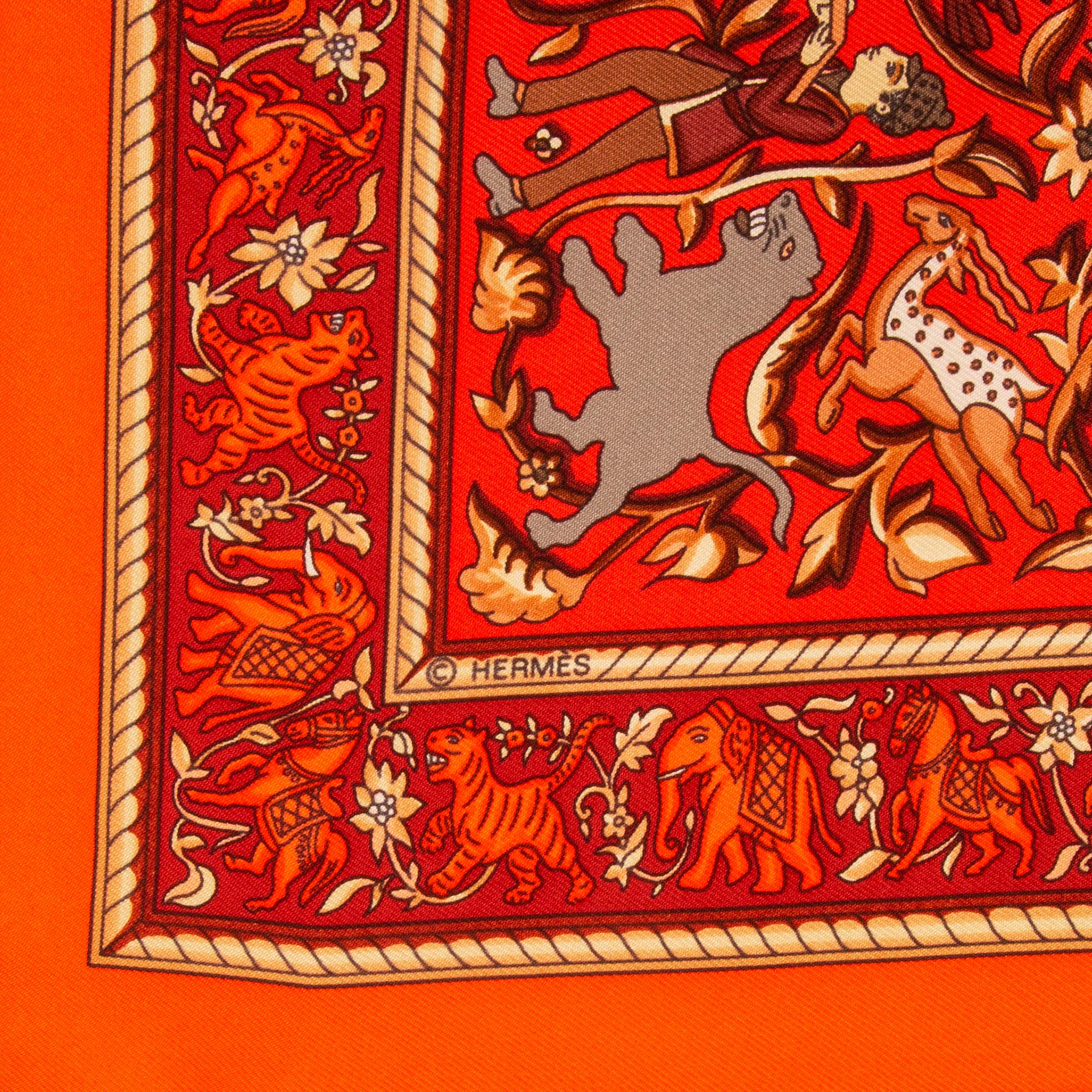 Hermes 'Chasse en Inde' by Michel Duchene scarf in bright orange, crimson, scarlet, beige, and white silk twill. Has been worn and is in excellent condition. 

Width 90cm (35.1in)
Height 90cm (35.1in)