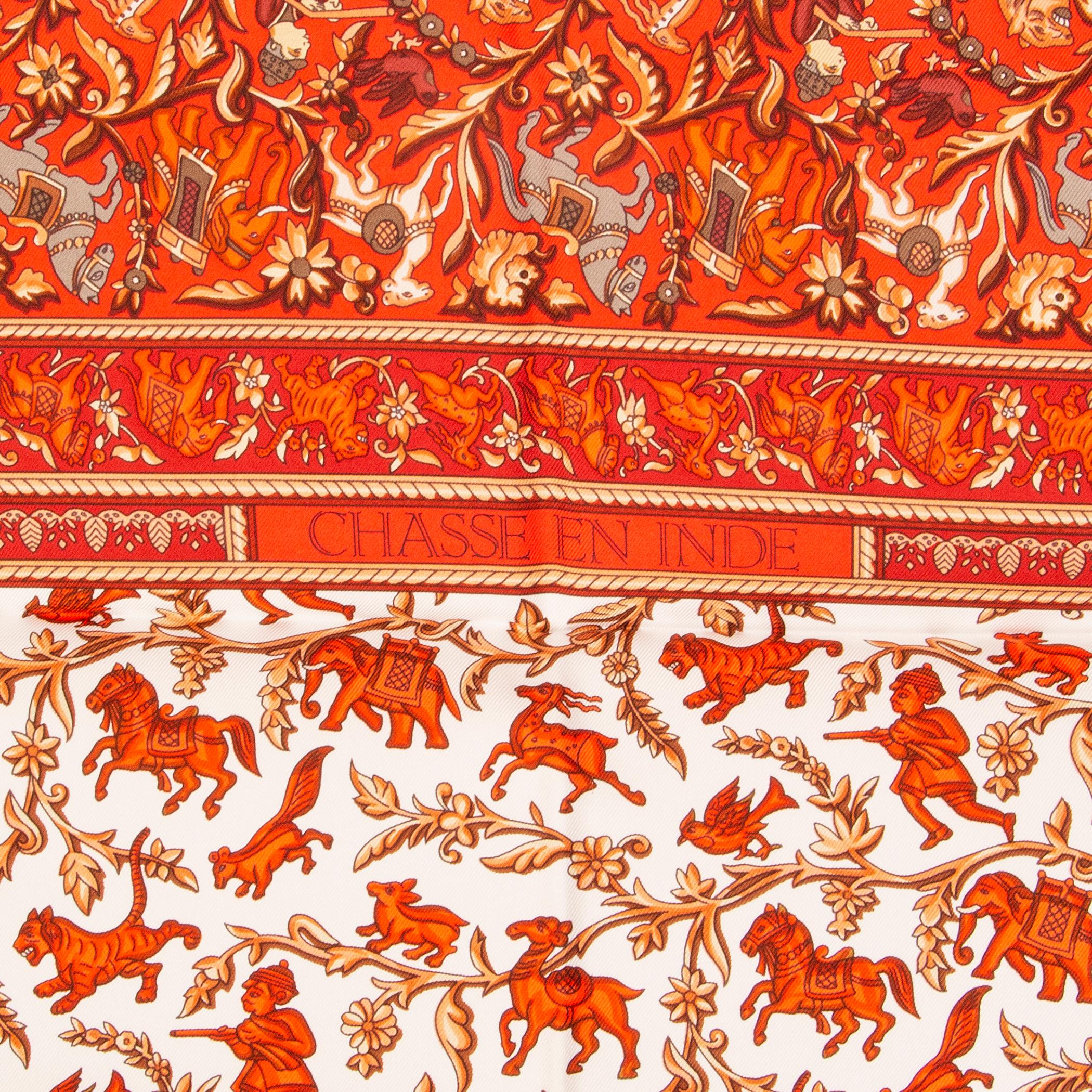 Women's or Men's Hermes bight orange red CHASSE EN INDE 90 silk twill Scarf