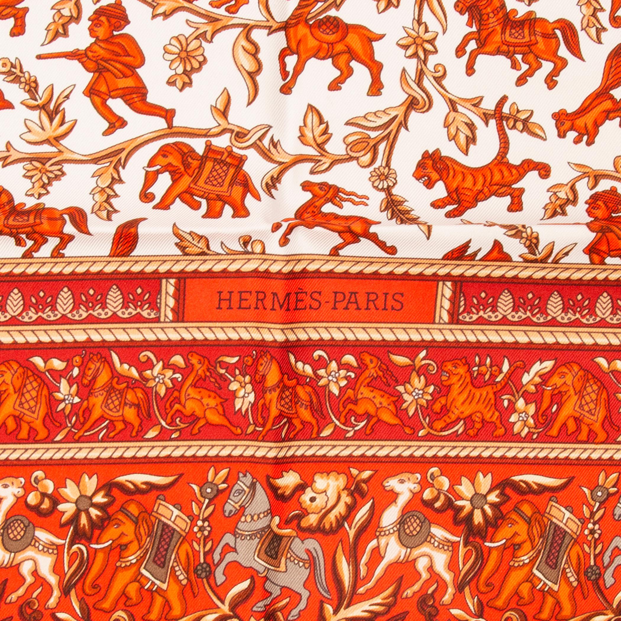Hermes bight orange red CHASSE EN INDE 90 silk twill Scarf 1