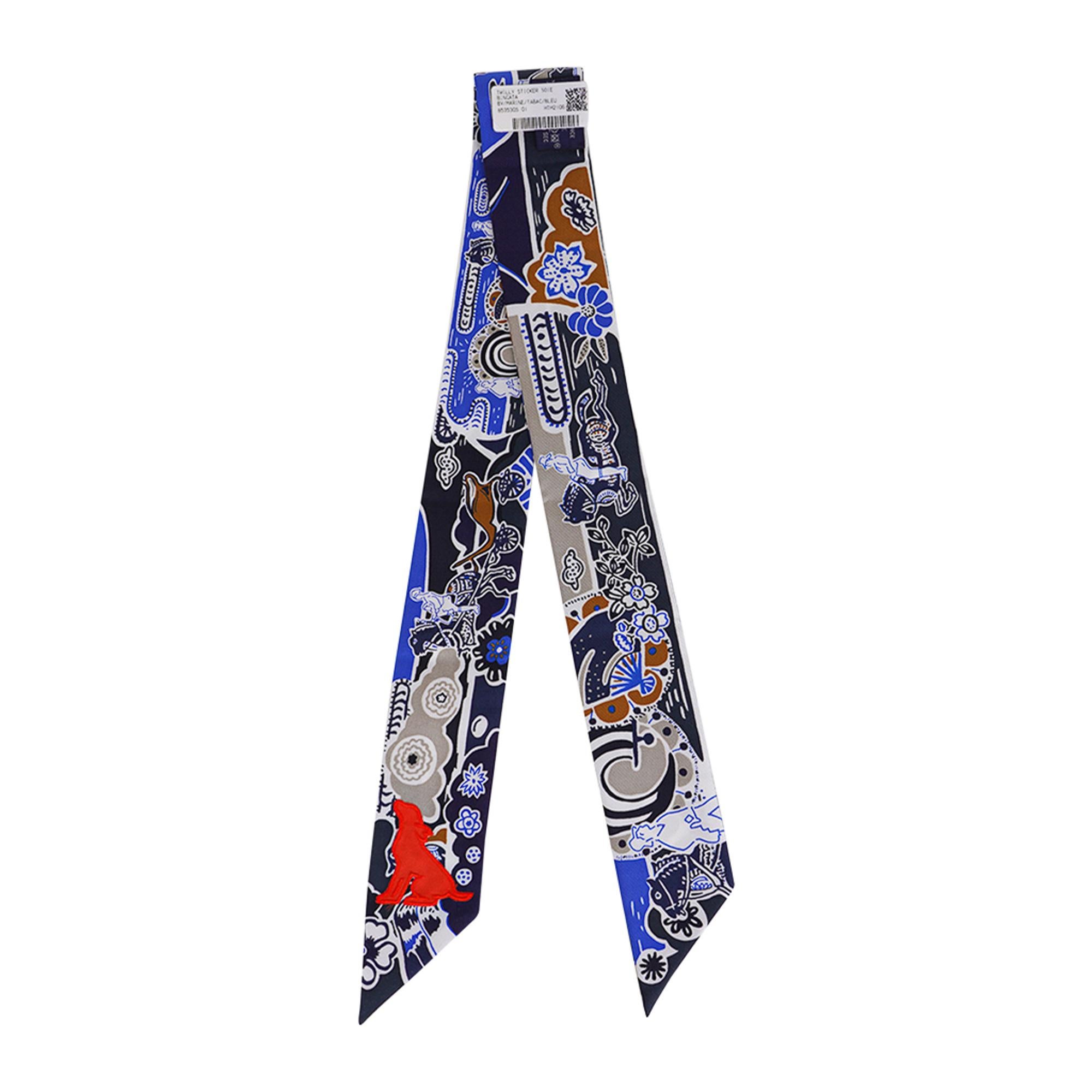 Hermes Bingata Sticks Twilly Marine / Tabac / Bleu en vente 8