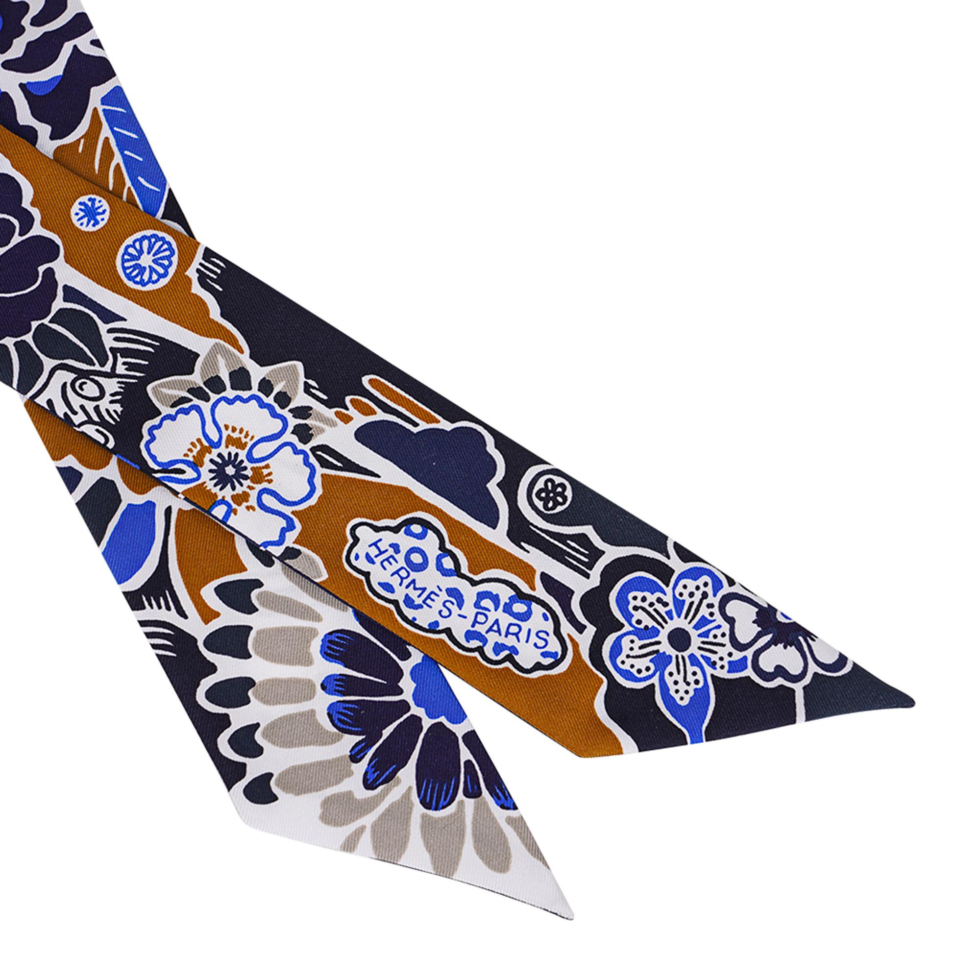 Women's Hermes Bingata Sticker Twilly Marine / Tabac / Bleu