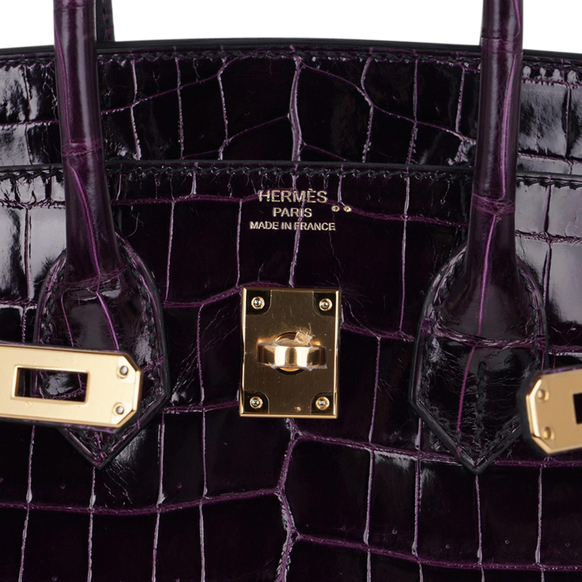 Hermès - Sac Birkin 25 en crocodile aubergine avec détails dorée  Pour femmes en vente