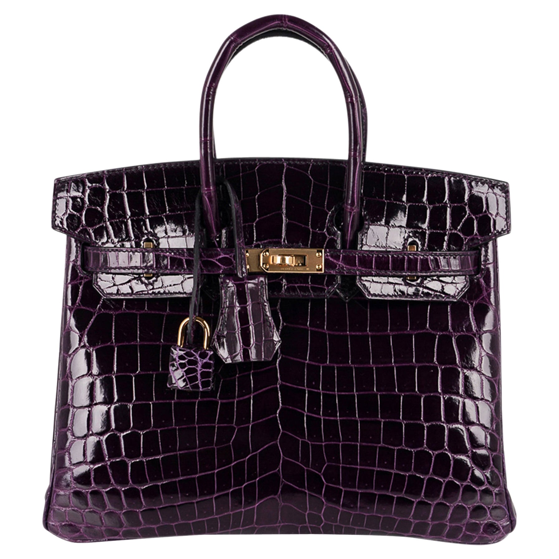 Hermes Birkin 25 Bolso Cocodrilo Berenjena Herrajes dorados